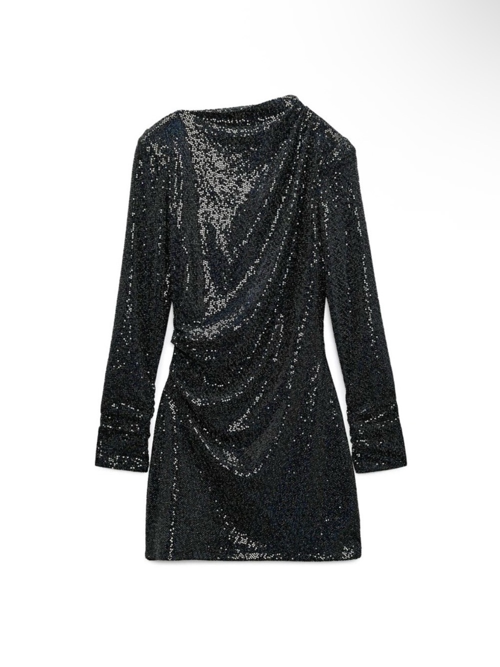Black Sequin Draped Long-Sleeve Mini Dress